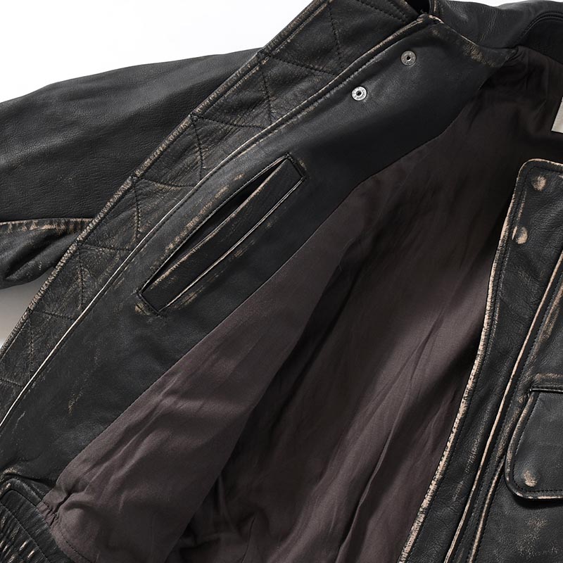 DISTRESSED LEATHER BOMBER JACKET -BLACK-