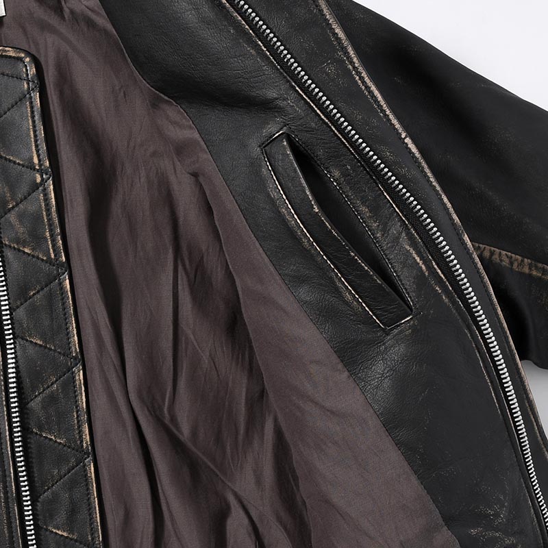 DISTRESSED LEATHER BOMBER JACKET -BLACK-