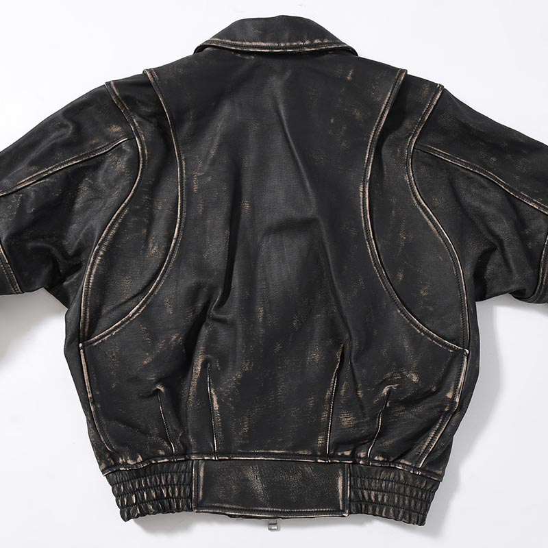 DISTRESSED LEATHER BOMBER JACKET -BLACK-