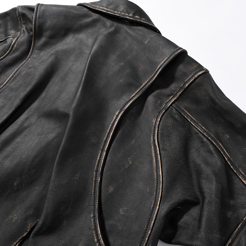 DISTRESSED LEATHER BOMBER JACKET -BLACK-