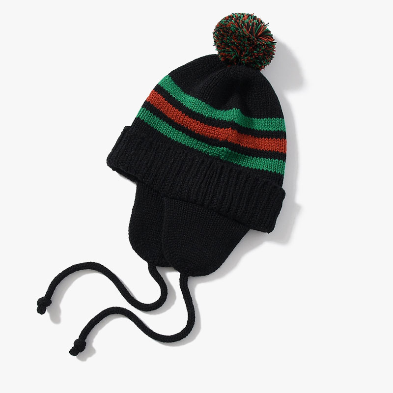 PONPON EAR KNIT CAP -BLACK-