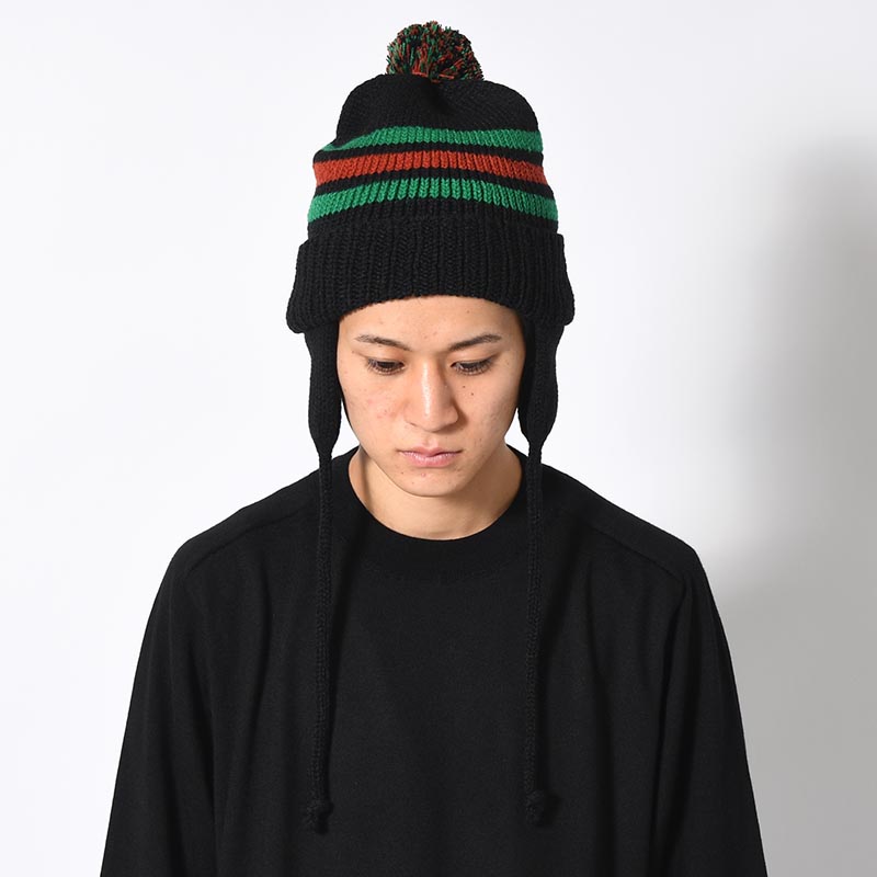 PONPON EAR KNIT CAP -BLACK-