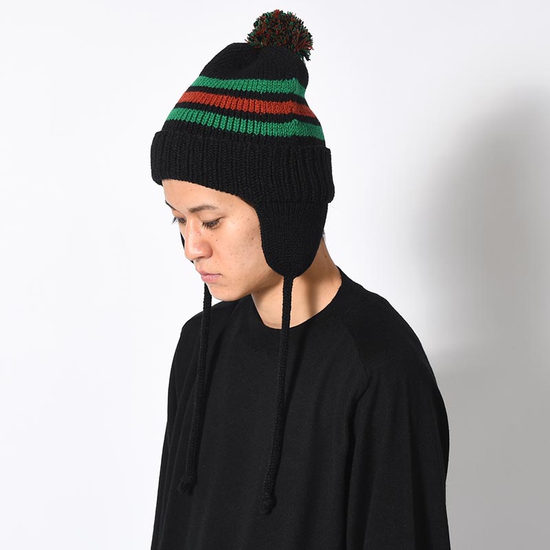 PONPON EAR KNIT CAP -BLACK-