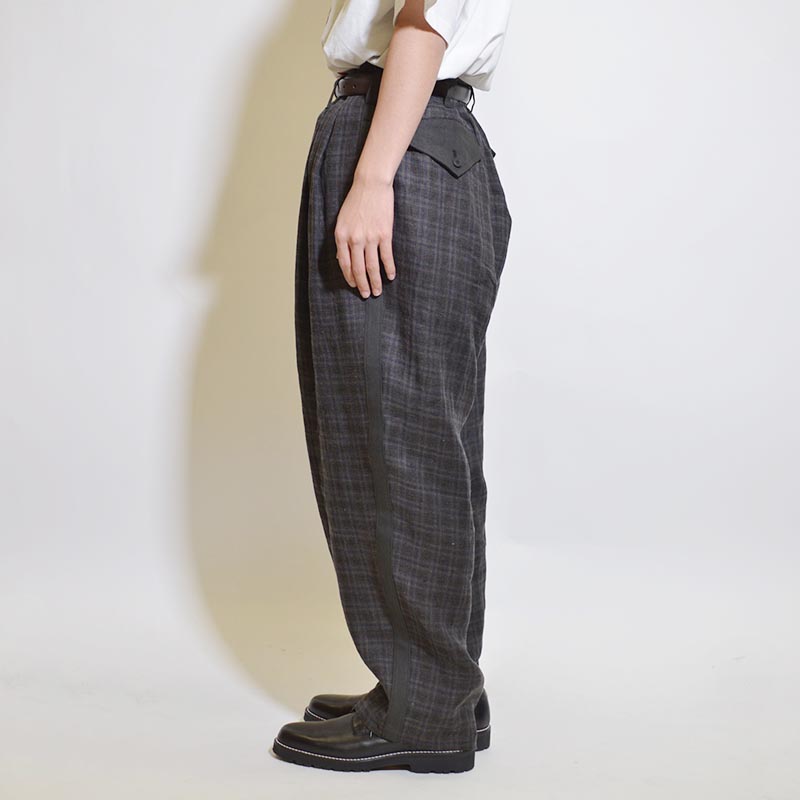 LINEN TWILL PLAID PANTS WITH SIDE TAPE -BLACK-