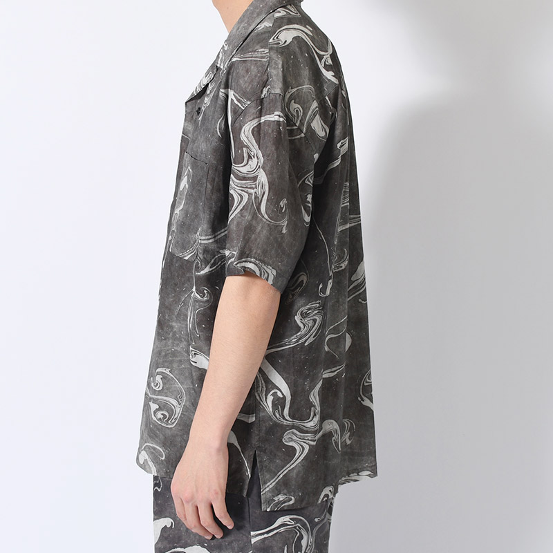 Suminagashi Printed Camp Collar Shirt -CHARCOAL-