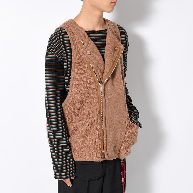 RESEARCHED KNIT VEST LAMBS WOOL YARN -BROWN-