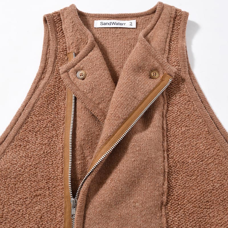 RESEARCHED KNIT VEST LAMBS WOOL YARN -BROWN-