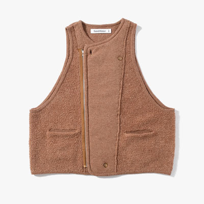 RESEARCHED KNIT VEST LAMBS WOOL YARN -BROWN-