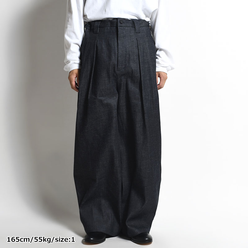 DENIM KNEE WIDE PANTS -DEEP BLUE-