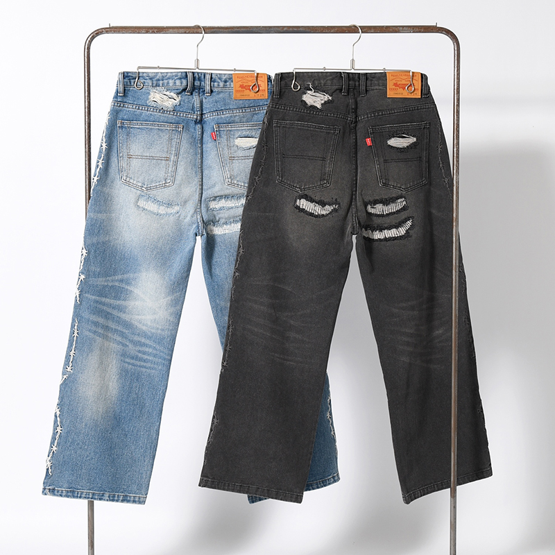 BARBED WIRE DAMAGE DENIM PANTS -2.COLOR-