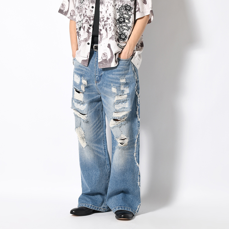 BARBED WIRE DAMAGE DENIM PANTS -2.COLOR-