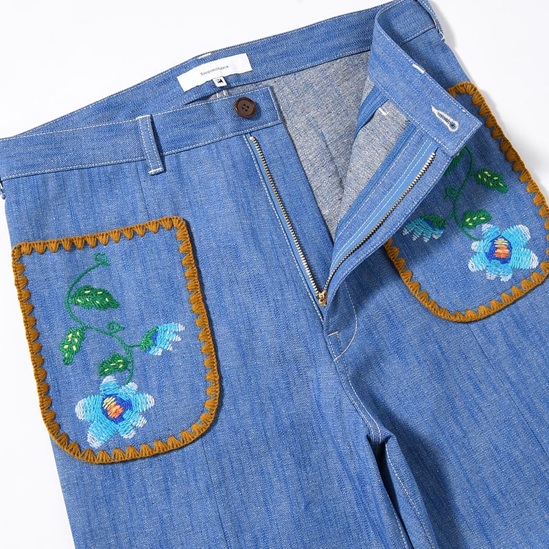 FLARE DENIM PANTS "MEXICAN EMBROIDERY" -INDIGO BLUE-