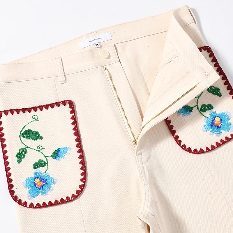 FLARE DENIM PANTS "MEXICAN EMBROIDERY" -OFF WHITE-