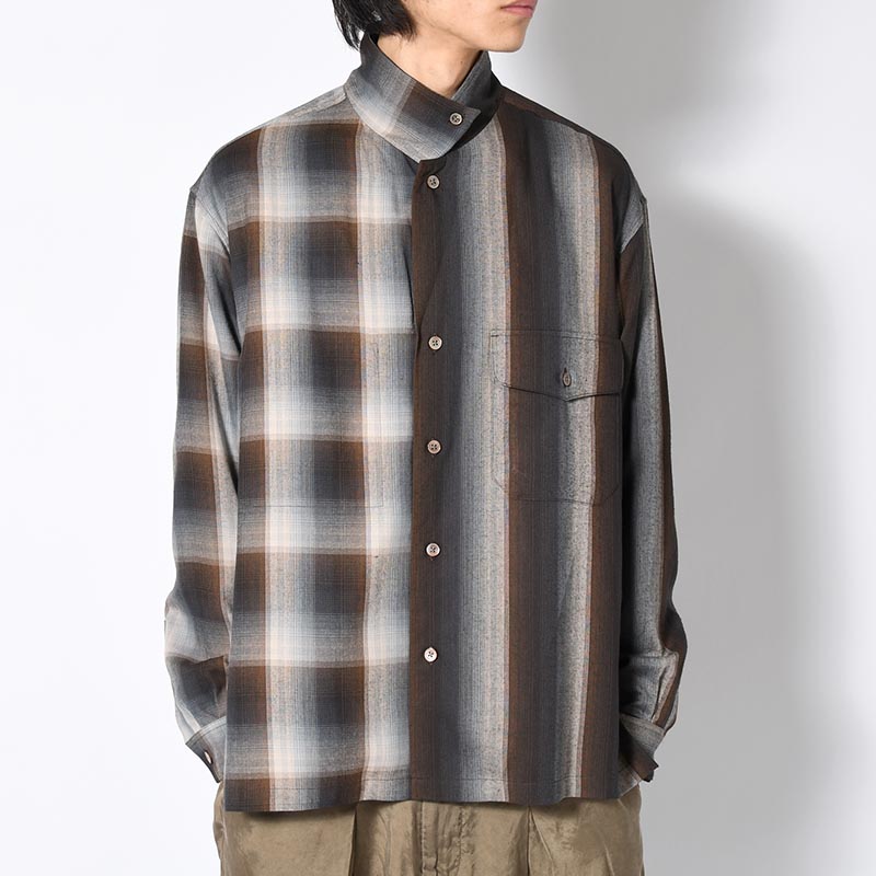 ASYMMETRY COLLAR SHIRT -BROWN CHECK-