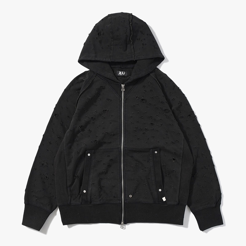 DAMAGED ZIP UP HOODIE -BLACK-