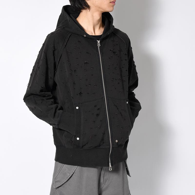 DAMAGED ZIP UP HOODIE -BLACK-