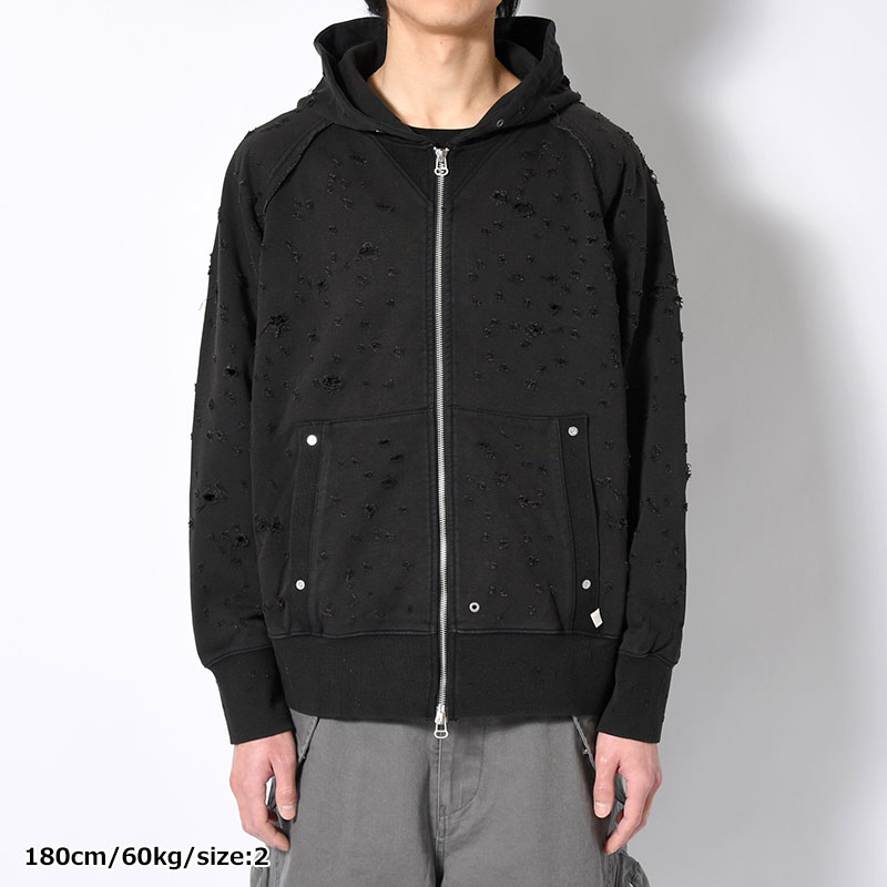 DAMAGED ZIP UP HOODIE -BLACK-