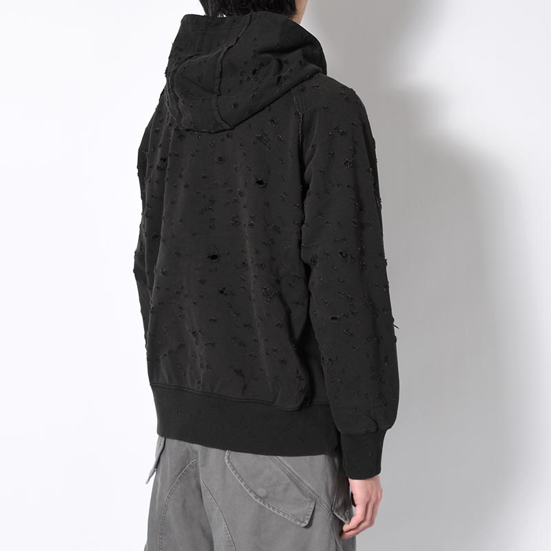 DAMAGED ZIP UP HOODIE -BLACK-