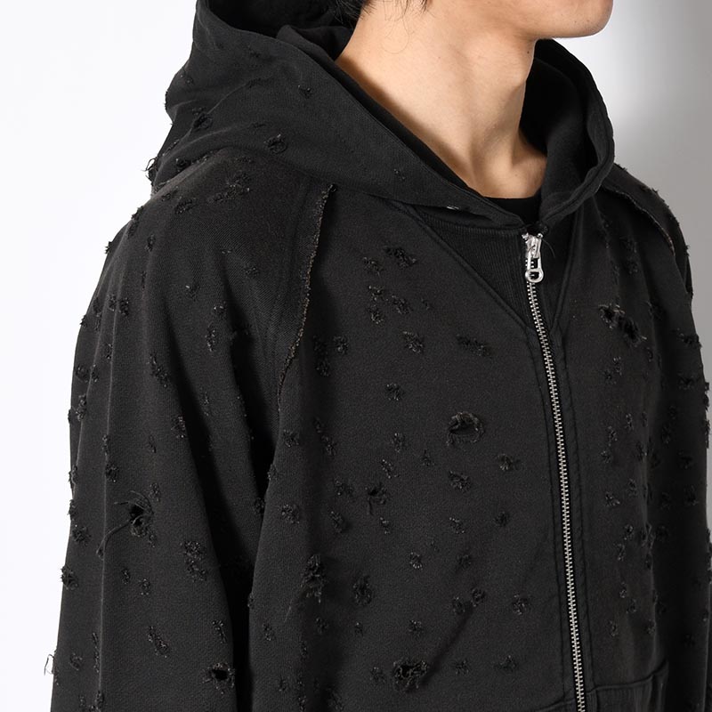 DAMAGED ZIP UP HOODIE -BLACK-