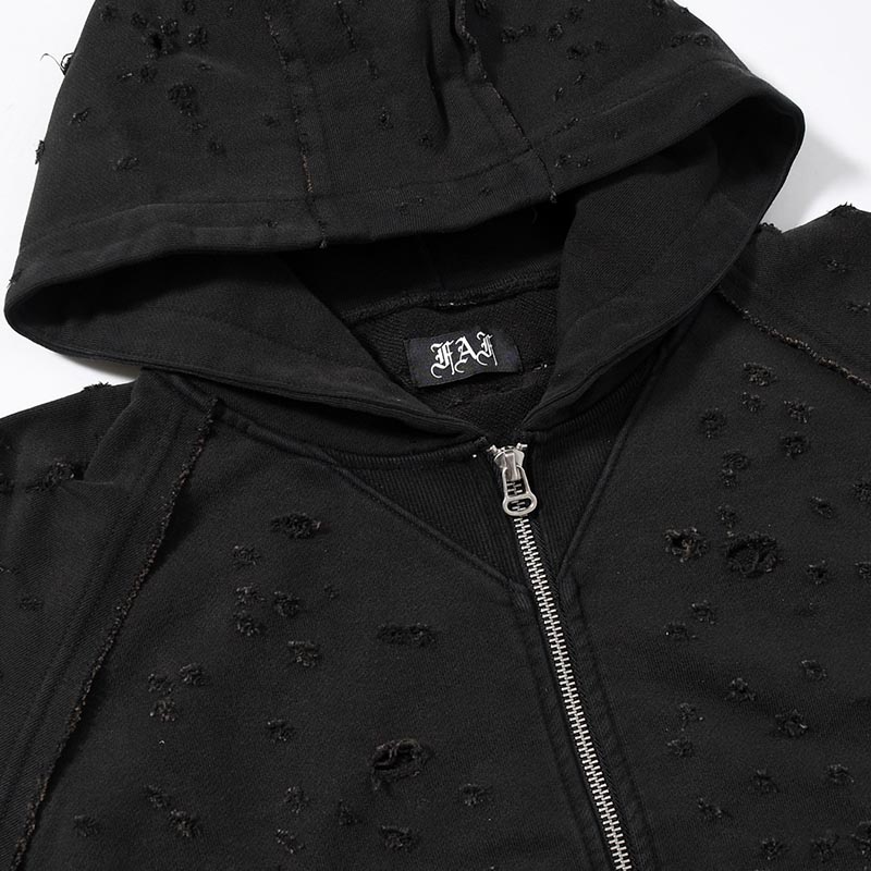 DAMAGED ZIP UP HOODIE -BLACK-