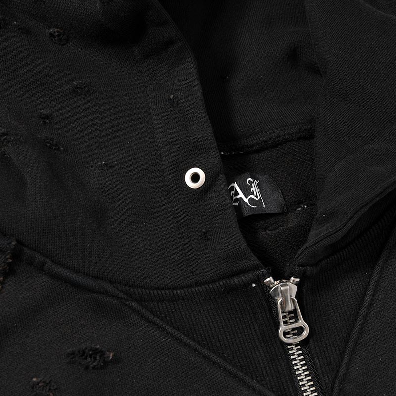 DAMAGED ZIP UP HOODIE -BLACK-