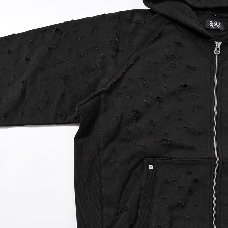 DAMAGED ZIP UP HOODIE -BLACK-