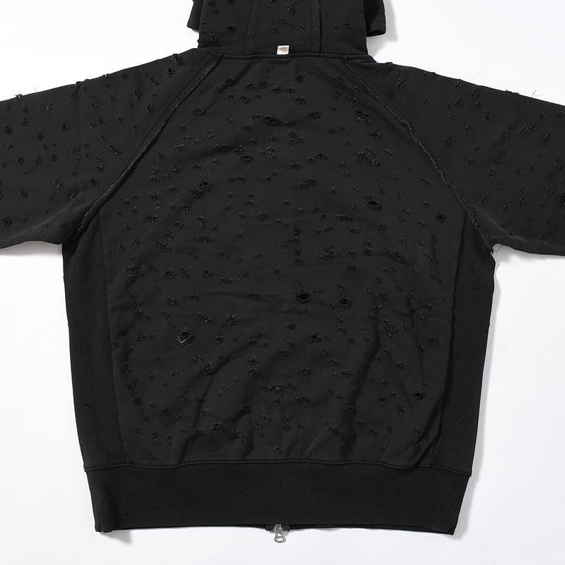 DAMAGED ZIP UP HOODIE -BLACK-