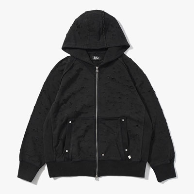 DAMAGED ZIP UP HOODIE -BLACK-