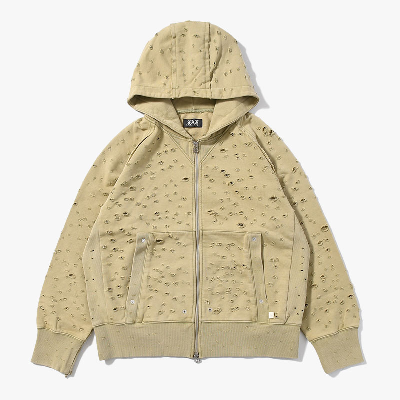 DAMAGED ZIP UP HOODIE -KHAKI-