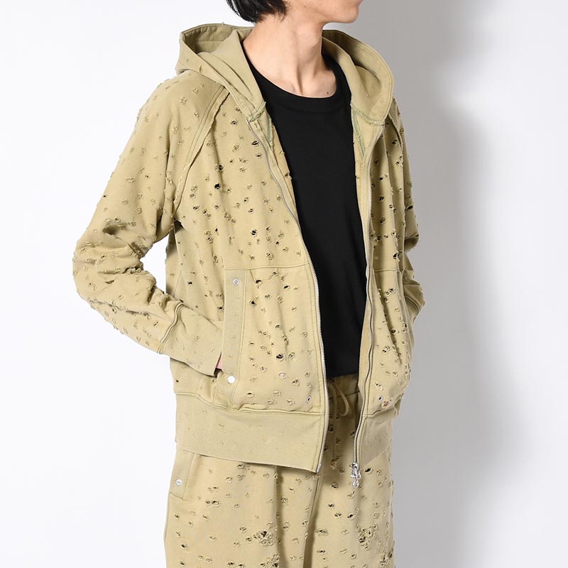 DAMAGED ZIP UP HOODIE -KHAKI-