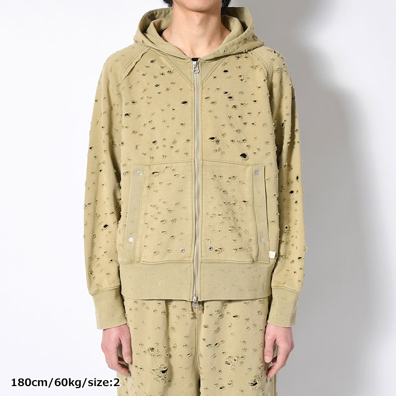 DAMAGED ZIP UP HOODIE -KHAKI-