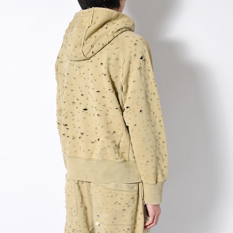 DAMAGED ZIP UP HOODIE -KHAKI-