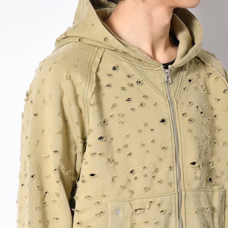 DAMAGED ZIP UP HOODIE -KHAKI-