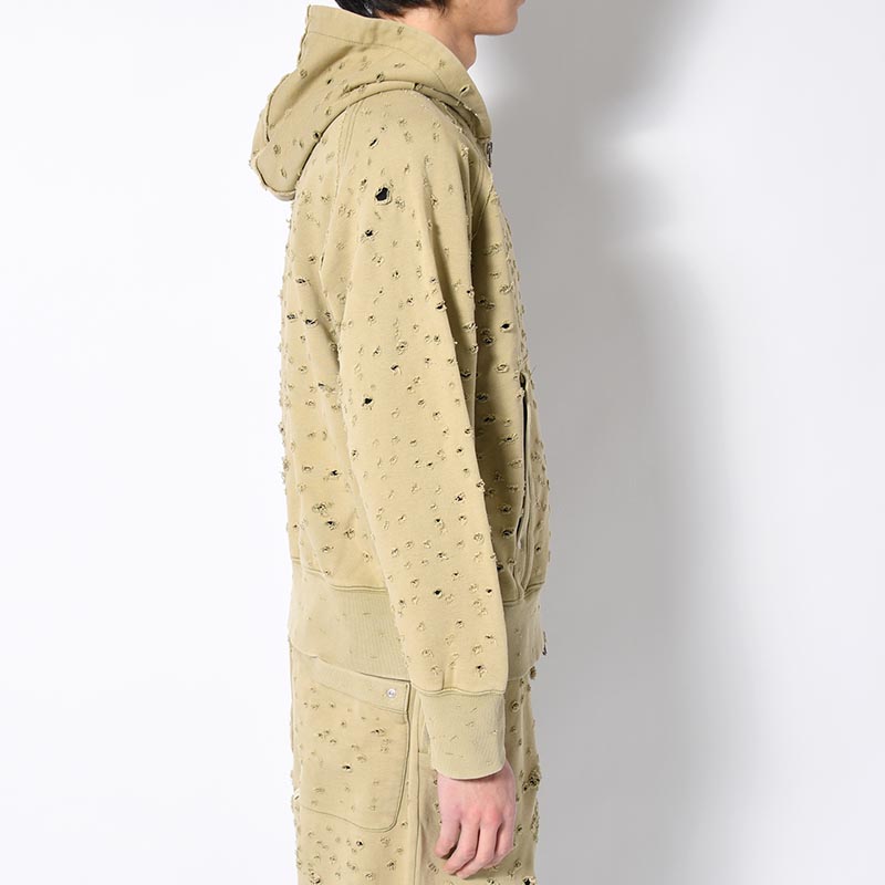 DAMAGED ZIP UP HOODIE -KHAKI-