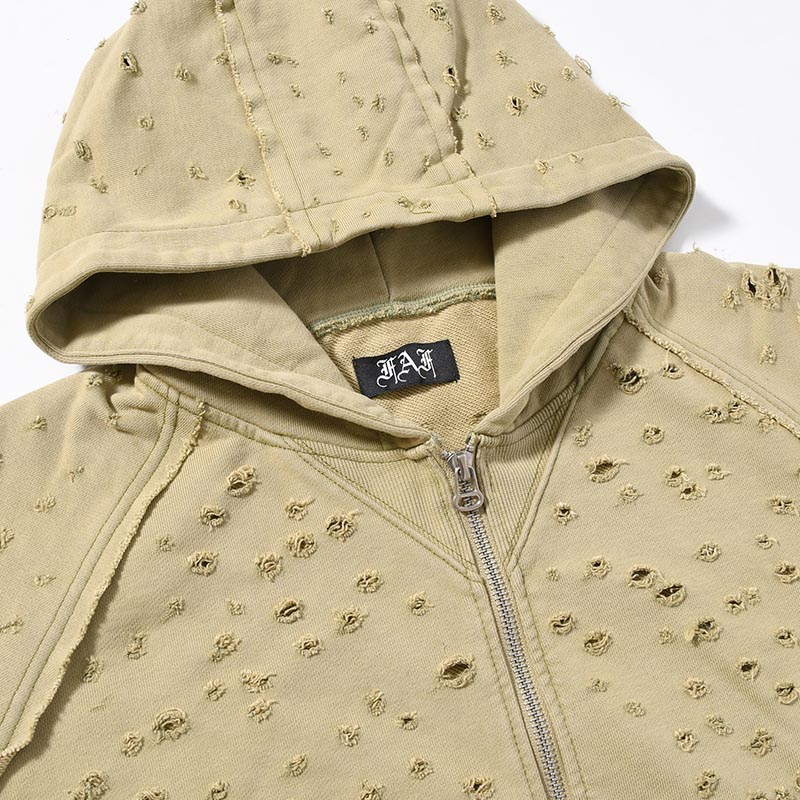 DAMAGED ZIP UP HOODIE -KHAKI-