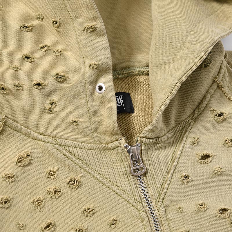 DAMAGED ZIP UP HOODIE -KHAKI-