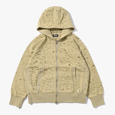 DAMAGED ZIP UP HOODIE -KHAKI-