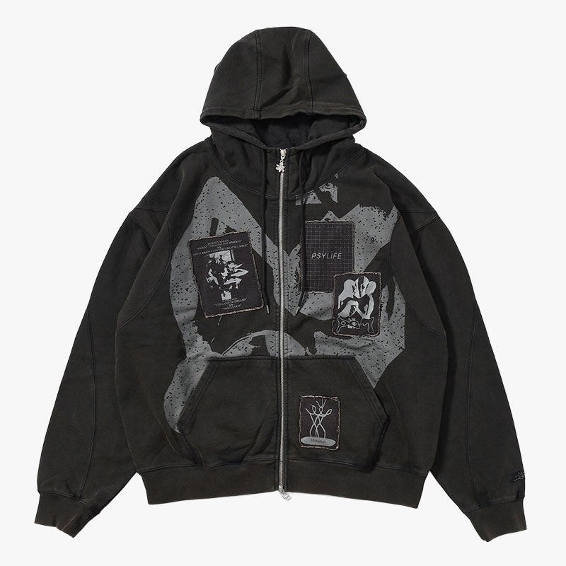 POST WORK ZIP THRU HOODED SWEAT -BLACK/WASH-