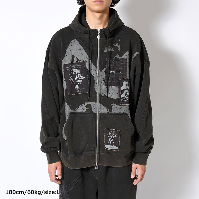 POST WORK ZIP THRU HOODED SWEAT -BLACK/WASH-