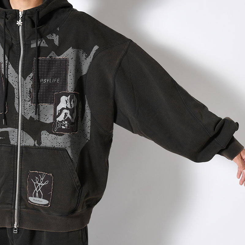POST WORK ZIP THRU HOODED SWEAT -BLACK/WASH-