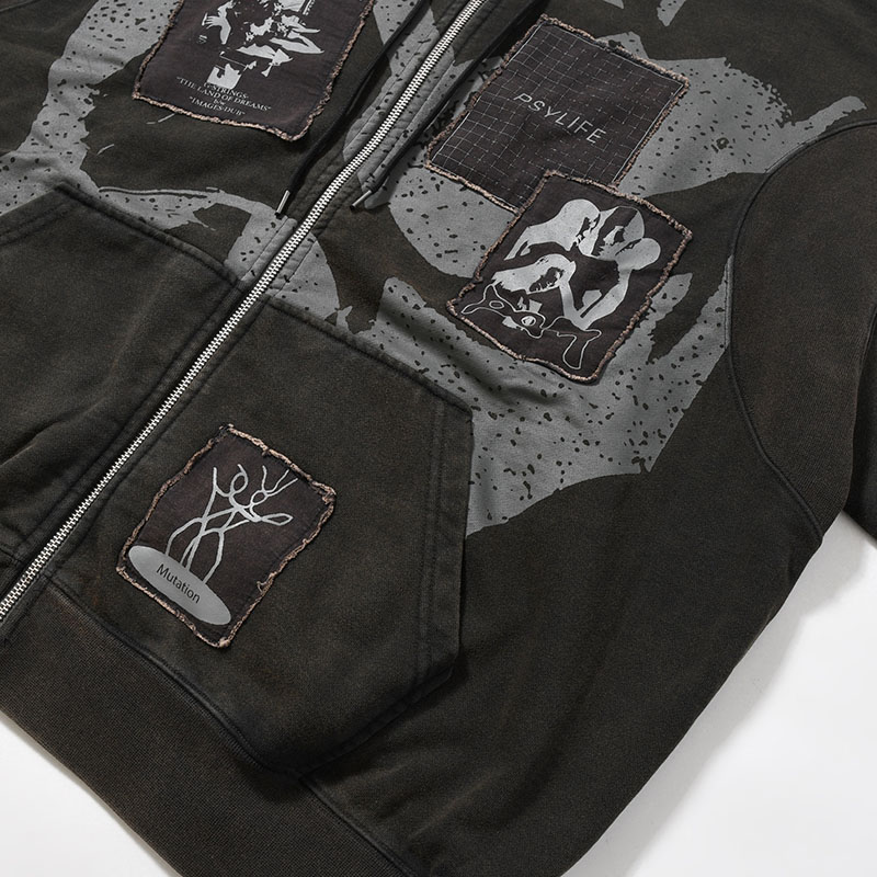 POST WORK ZIP THRU HOODED SWEAT -BLACK/WASH-