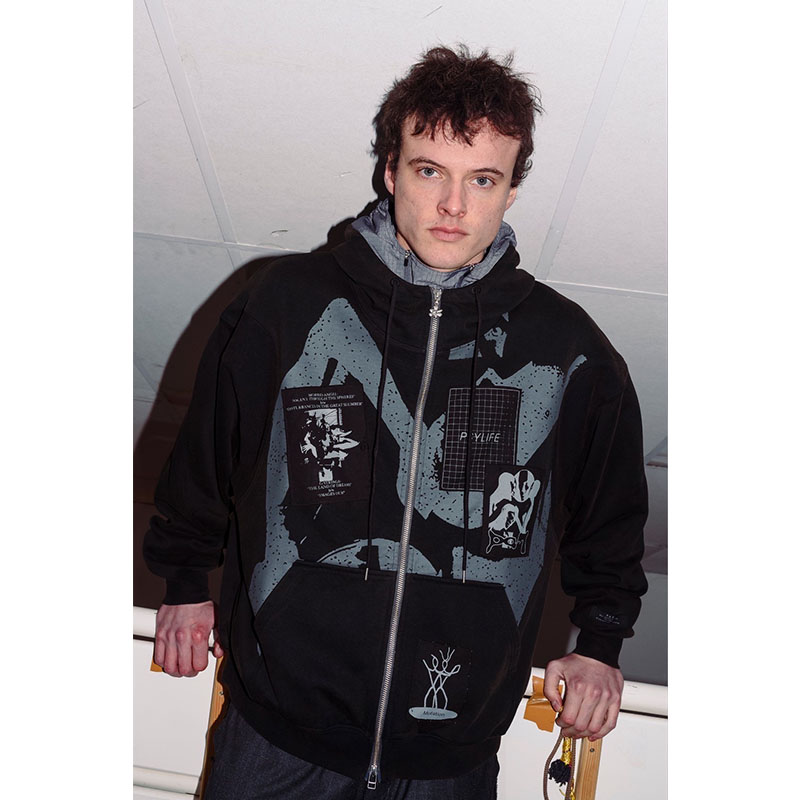 POST WORK ZIP THRU HOODED SWEAT -BLACK/WASH-