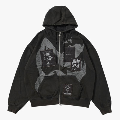 POST WORK ZIP THRU HOODED SWEAT -BLACK/WASH-