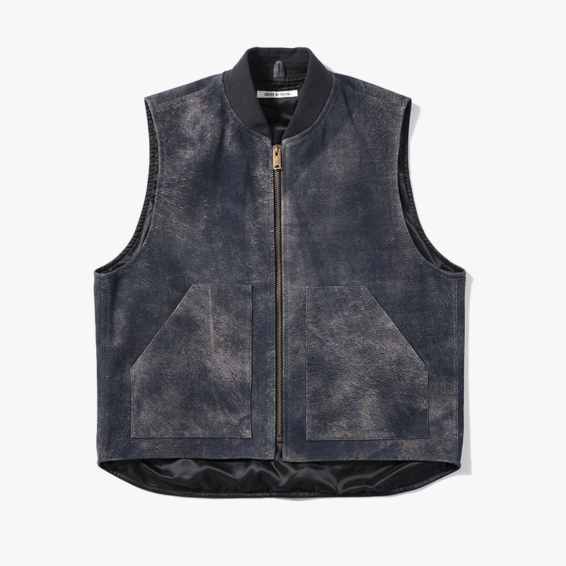 LEATHER WORK VEST Goat suede Antique finish -NAVY-