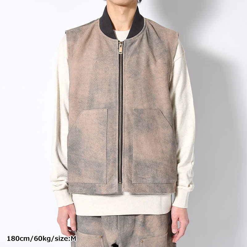 LEATHER WORK VEST Goat suede Antique finish -GRAY-