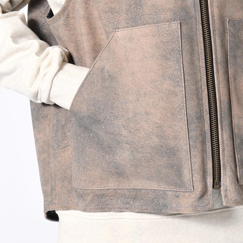 LEATHER WORK VEST Goat suede Antique finish -GRAY-