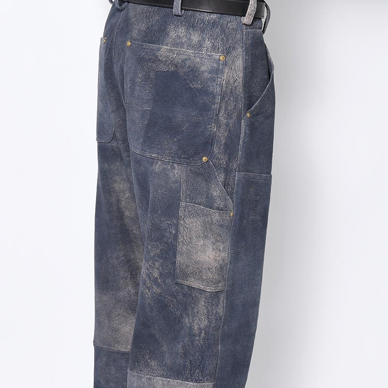 LEATHER DOUBLE KNEE PANTS Goat suede Antique finish -NAVY-