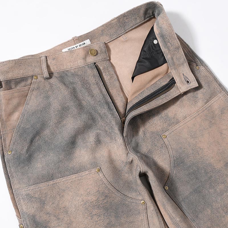 LEATHER DOUBLE KNEE PANTS Goat suede Antique finish -GRAY-