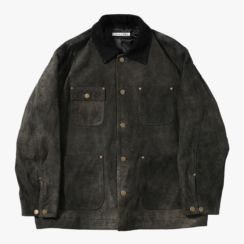 LEATHER MICHIGAN CHORE COAT -Goat suede Antique finish- -2.COLOR-(BLACK)