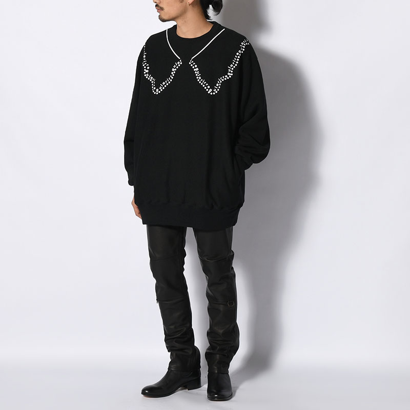 irregular CREW SWEAT tall -BLACK-